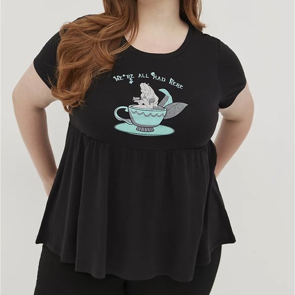 torrid Tops - NWT Torrid Disney Alice In Wonderland We're All Mad Here Black Babydoll Tee 2 2X